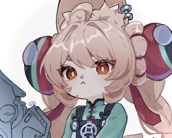  1girl :< ahoge animal_ear_fluff animal_ears braid bright_pupils ear_piercing furry furry_female green_shirt highres long_hair looking_at_viewer piercing pink_fur pink_hair rabbit_ears rabbit_girl red_eyes shirt short_eyebrows solo suwa_(swk_kkk) thick_eyebrows twin_braids twintails white_background white_pupils zenless_zone_zero zhao_(zenless_zone_zero) 