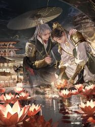  2boys architecture armor black_boots black_hair black_hanfu black_pants black_robe boots bridge building chinese_clothes chinese_commentary chinese_text crying crying_with_eyes_open east_asian_architecture facial_mark fan_wujiu fan_wujiu_(far_east_wind) forehead_mark grey_hair hand_on_another's_shoulder hanfu hei_zhimahu high_ponytail holding holding_umbrella huadian identity_v lantern lantern_on_liquid lips long_hair long_sleeves looking_at_another looking_down lotus_lantern making-of_available male_focus multiple_boys night official_alternate_costume oil-paper_umbrella on_one_knee outdoors pants paper_lantern parted_bangs ponytail rain reflection reflective_water river robe shared_umbrella shoulder_armor tears umbrella vambraces white_hanfu white_robe xiao_guan_(headdress) xie_bian xie_bian_(far_east_wind) yellow_eyes 