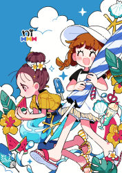  2girls :d ^_^ bendy_straw black_shirt blue_shorts blue_sky blue_umbrella blush braid brown_hair closed_eyes clouds commentary cup day dress drinking_glass drinking_straw eating flower food fruit hair_bun hair_flower hair_ornament hat holding holding_food holding_umbrella jacket multiple_girls nagino_nichiko open_clothes open_jacket open_mouth original outdoors pinafore_dress red_eyes sandals shirt short-sleeved_jacket short_hair short_sleeves shorts shorts_under_dress single_hair_bun sky sleeveless sleeveless_dress smile striped_umbrella summer twin_braids umbrella watermelon watermelon_slice white_dress white_flower white_hat white_sandals white_shorts yellow_jacket yellow_sandals 