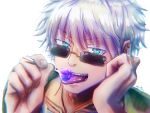  1boy blue_eyes blurry blurry_foreground candy eating food gojou_satoru holding holding_candy holding_food holding_lollipop jujutsu_kaisen kinakomochi_(mochikinako255) licking lollipop looking_at_viewer male_focus open_mouth short_hair solo sunglasses tongue tongue_out white_hair 