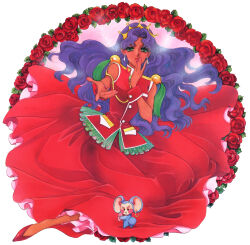  1990s_(style) 1girl absurdres aiguillette animal animal_ears bindi chu_chu_(shoujo_kakumei_utena) dark-skinned_female dark_skin dress flower green_eyes highres himemiya_anthy looking_at_viewer monkey_ears official_art purple_hair red_dress red_flower red_rose retro_artstyle rose saitou_chiho scan shoujo_kakumei_utena 