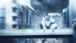  1boy 1girl 1other black_hair black_jacket blue_skin blurry blurry_foreground building chaos;child city colored_skin d-sword fat fat_man game_cg giant grey_sky hekiho_academy_school_uniform highres incoming_attack jacket kazuki_hana miyashiro_takuru monster navel non-web_source official_art open_mouth sasaki_mutsumi school_uniform science_adventure shibuya_(tokyo) sky standing sumo sumo_sticker_(chaos;child) tokyo_(city) violet_eyes wide-eyed 