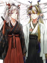  2girls absurdres alternate_costume arknights arm_at_side black_skirt blonde_hair cheddar_n chinese_clothes closed_mouth commentary_request cowboy_shot dragon_girl dragon_horns folded_fan folding_fan green_eyes grey_hair hair_between_eyes hair_intakes hair_ornament hakama hakama_skirt hand_fan hanfu high-waist_skirt highres holding holding_fan horns japanese_clothes long_hair long_sleeves looking_at_viewer multicolored_hair multiple_girls nian_(arknights) pleated_skirt pointy_ears purple_hair red_hair red_skirt shu_(arknights) siblings sisters skirt smile standing streaked_hair violet_eyes wide_sleeves 