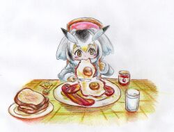  1girl bacon black_streaks blonde_streaks blush blush_stickers bread bread_slice butter chair checkered_tablecloth cheek_bulge coat colored_pencil_(medium) cup drinking_glass eating feathers food food_in_mouth fork french_toast fried_egg fur-trimmed_coat fur-trimmed_collar fur-trimmed_sleeves fur_trim grey_coat grey_hair hair_between_eyes head_wings holding holding_fork holding_knife hyaaa-umai jam jar kemono_friends knife multicolored_hair northern_white-faced_owl_(kemono_friends) on_chair plate simple_background sitting sketch solo streaked_hair tablecloth toast traditional_media water white_background wings yellow_eyes 