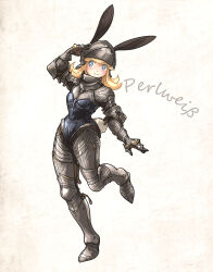  1girl animal_ears armor blonde_hair blue_eyes english_commentary highres ironlily original perlweiss_(ironlily) rabbit_ears rabbit_tail simple_background solo standing standing_on_one_leg tail 