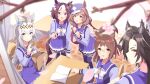  5girls air_shakur_(umamusume) animal_ears bag black_hair blue_eyes book branch brown_hair desk eating fine_motion_(umamusume) food green_eyes grey_hair hair_between_eyes hair_ornament hairclip hat highres horse_ears horse_girl looking_at_viewer matikane_tannhauser_(umamusume) multiple_girls oguri_cap_(umamusume) open_mouth paper_bag ryuu_(ryuraconis) school_uniform signature special_week_(umamusume) thigh-highs tracen_school_uniform umamusume umayuru violet_eyes 