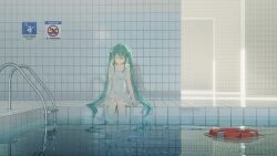  1girl absurdres aqua_hair arm_ribbon closed_eyes closed_mouth collarbone designdoll_(medium) dididi_laonian_ka dream_pool dress facing_viewer google_sketchup_(medium) hair_between_eyes hatsune_miku highres indoors lifebuoy liminal_space long_hair no_symbol pool_ladder poolside reflection reflective_water ribbon shadow sitting soaking_feet solo swim_ring tile_floor tile_wall tiles twintails very_long_hair vocaloid water white_dress 
