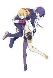  1boy 1girl ahoge aigis_(persona) android armband black_jacket black_pants blonde_hair blue_eyes blue_hair blue_ribbon blue_shoes carrying carrying_over_shoulder carrying_person digital_media_player double-parted_bangs evoker full_body gekkoukan_high_school_uniform gold_hairband grey_eyes gun hairband highres holding holding_gun holding_weapon jacket joints lifting_person mechanical_arms mechanical_legs nodoka906 open_mouth pants persona persona_3 red_armband ribbon robot_ears robot_joints s.e.e.s school_uniform shirt shoes short_hair signature simple_background sweatdrop weapon white_background white_shirt yuuki_makoto_(persona_3) 