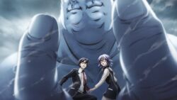  1girl 2boys belt black_hair black_jacket black_pants blazer blue_hair breasts chaos;child clouds day dress_shirt dress_vest fat fat_man floating_neckwear game_cg giant glasses hekiho_academy_school_uniform highres jacket kazuki_hana large_breasts miniskirt miyashiro_takuru multiple_boys necktie no_jacket non-web_source official_art opaque_glasses open_mouth outdoors pants pulling_another&#039;s_clothes red-framed_eyewear red_necktie sailor_collar sailor_shirt sasaki_mutsumi school_uniform science_adventure shirt skirt sky sumo sumo_sticker_(chaos;child) surprised tongue violet_eyes white_belt white_sailor_collar white_shirt 