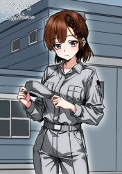  1girl alternate_costume artist_name asahi_(kancolle) blunt_tresses braid breast_pocket brown_hair closed_mouth commentary_request cowboy_shot dated grey_eyes grey_hat grey_jumpsuit hair_ribbon hat highres hisamatomoki holding holding_unworn_clothes holding_unworn_hat jumpsuit kantai_collection long_sleeves looking_at_viewer mechanic mole mole_under_mouth one-hour_drawing_challenge pocket red_ribbon ribbon short_hair single_braid solo unworn_hat unworn_headwear 