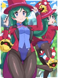  1girl absurdres black_pantyhose blue_eyes blue_leotard chingling closed_mouth commentary_request covered_navel day flying_sweatdrops francesca_(pokemon) green_hair hat highres holding holding_wand leotard long_hair long_sleeves looking_at_viewer magician magician&#039;s_wand open_mouth outdoors pantyhose pokemoa pokemon pokemon_(anime) pokemon_dppt_(anime) smile top_hat wand 
