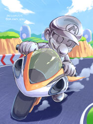  1boy absurdres blue_sky clouds dated day drifting driving facial_hair full_body gloves hat highres looking_at_viewer male_focus mario mario_kart mario_kart_8 metal_mario motor_vehicle motorcycle mustache newsboy_cap outdoors short_hair sky solo super_mario_bros. twitter_username yamari_(ya_mari_6363) 