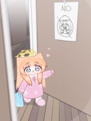  1girl absurdres blue_archive blunt_bangs blush chibi halo heart highres holding horuhara indoors long_hair long_sleeves mari_(blue_archive) neck_ribbon no_nose open_door open_mouth orange_hair pajamas pink_pajamas pink_slippers polka_dot polka_dot_pajamas ribbon sleeves_past_wrists slippers solo standing standing_on_one_leg tape wooden_floor yellow_halo 
