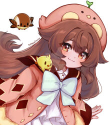  1girl artist_name bird blush bow brown_eyes brown_hair closed_mouth commentary dated deviantart_logo deviantart_username english_commentary eyelashes hat highres jacket long_hair long_sleeves original pink_hat pink_jacket simple_background smile solo temachii temachii_(character) watermark web_address white_background white_bow 
