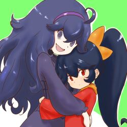  2girls :d @_@ ashley_(warioware) black_hair closed_mouth crossover detesu dress from_side green_background hair_between_eyes hairband hex_maniac_(pokemon) hug long_hair long_sleeves looking_at_viewer multiple_girls open_mouth orange_hairband outline pokemon pokemon_xy puffy_sleeves purple_dress purple_hair purple_hairband red_dress red_eyes smile twintails two-tone_background violet_eyes warioware white_background white_outline 