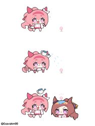  2girls :3 animal_ears blush bow brown_hair buruma chibi closed_mouth ear_bow ear_covers ear_ornament flower flower-shaped_pupils flower_in_eye gloves gold_hairband hairband haru_urara_(bestest_prize)_(umamusume) haru_urara_(umamusume) headband highres horse_ears horse_girl horse_tail jacket long_hair long_sleeves multiple_girls open_mouth pink_buruma pink_eyes pink_hair pink_headband ponytail red_buruma red_headband red_jacket red_track_suit sakura_bakushin_o_(umamusume) shirt sima_(exavalon00) simple_background smile solo symbol-shaped_pupils symbol_in_eye tail tracen_training_uniform track_jacket track_suit umamusume violet_eyes water water_drop watering_can white_background white_jacket white_shirt 