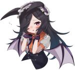  1girl @_@ agaki_anko animal_ears black_bow black_bowtie black_gloves black_hairband black_skirt blush bow bowtie brooch center_frills closed_mouth collared_shirt commentary demon_wings embarrassed flying_sweatdrops frilled_hairband frills gloves hair_over_one_eye hairband half-closed_eyes halloween hands_on_own_face high-waist_skirt horse_ears horse_girl jewelry light_frown lolita_hairband long_hair looking_at_viewer low_wings official_alternate_costume open_mouth puffy_short_sleeves puffy_sleeves rice_shower_(make_up_vampire!)_(umamusume) rice_shower_(umamusume) shirt short_sleeves simple_background skirt smile solo tearing_up umamusume upper_body violet_eyes white_background white_shirt wings 