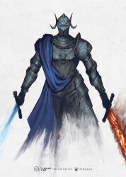  1girl armor artist_name blue_robe blue_surcoat breastplate couter cuirass deviantart_logo deviantart_username dual_wielding elden_ring elden_ring:_shadow_of_the_erdtree fire flaming_sword flaming_weapon full_armor gloves helm helmet highres holding instagram_logo instagram_username knight pauldrons plate_armor rellana_twin_moon_knight rerebrace robe rondel shoulder_armor solo sword thefearmaster twitter_logo twitter_username weapon white_background 