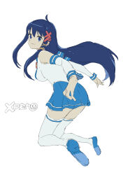  1girl absurdres ahoge blue_eyes blue_hair blue_shoes breasts cuffs detached_sleeves hair_ornament hairclip highres large_breasts long_hair looking_at_viewer mmmkawaine os-tan personification pleated_skirt school_uniform serafuku shirt shoes simple_background skirt smile socks solo thigh-highs thighs very_long_hair white_background white_shirt white_socks xp-tan 