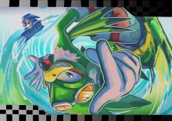 2boys bird_boy checkered_background chinchila010 eyewear_on_head furry gloves goggles goggles_on_head hedgehog_boy highres hoverboard jet_the_hawk light_trail multiple_boys outstretched_arm smile solo_focus sonic_(series) sonic_riders sonic_riders_(series) sonic_the_hedgehog sonic_the_hedgehog_(riders) upside-down