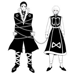  2boys 63roku63 androgynous bound chain chained chrollo_lucilfer closed_mouth cross_tattoo facial_mark forehead_mark forehead_tattoo full_body fur_trim greyscale highres hunter_x_hunter kurapika lips male_focus monochrome multiple_boys tattoo tied_up_(nonsexual) 