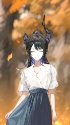  1girl absurdres alternate_costume asymmetrical_horns autumn_leaves black_hair black_horns blue_hair blue_skirt closed_eyes closed_mouth colored_inner_hair highres hololive hololive_english horns leaf long_hair mole mole_under_eye multicolored_hair nerissa_ravencroft ponytail shirt skirt solo thekaiyip virtual_youtuber white_shirt 