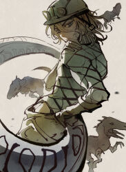  1boy absurdres argyle_clothes argyle_sweater blonde_hair blue_eyes blue_sweater closed_mouth cracked_skin diego_brando dinosaur dinosaur_tail fangs gloves hair_between_eyes hand_on_own_shoulder helmet highres jodhpurs jojo_no_kimyou_na_bouken long_sleeves looking_at_viewer looking_back male_focus medium_hair muted_color pants scary_monsters_(stand) solo stand_(jojo) steel_ball_run sweater tail transformation turtleneck turtleneck_sweater yellow_pants youo_m0 