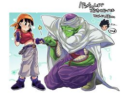  1girl 2boys alien bandana belt_buckle black_eyes black_hair black_nails blue_background blunt_bangs blunt_ends border buckle cape colored_skin commentary_request crop_top dougi dragon_ball dragon_ball_gt father_and_daughter fingerless_gloves fist_bump gloves green_skin grin height_difference highres multiple_boys navel on_one_knee orange_bandana otyumamii pan_(dragon_ball) piccolo pointy_ears purple_dougi purple_gloves purple_shoes purple_socks red_shirt shirt shoes short_hair smile socks son_gohan spiky_hair star_(symbol) translation_request turban wallet_chain white_border white_cape white_turban 