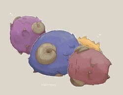  4others artist_name blue_fur closed_eyes closed_mouth duel_monster grey_background highres hooves horns lying multiple_others nenmen5 on_back on_side on_stomach purple_fur red_fur scapegoat sheep sheep_horns simple_background sleeping squeans yellow_fur yu-gi-oh! 
