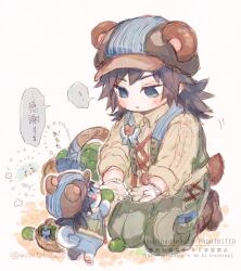  ! 1boy alternate_costume bear_hat blue_eyes blush_stickers brown_shoes creature empty_eyes english_text full_body green_pants green_vest highres kimetsu_no_yaiba kneeling low_ponytail male_focus pants parted_lips ponytail shoes solo speech_bubble spiky_hair spoken_exclamation_mark tomioka_giyuu translation_request vest watermark white_background yarakuru 
