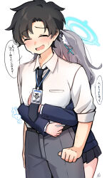  1boy 1girl animal_ear_fluff animal_ears belt blazer blue_archive blush check_translation collared_shirt formal_clothes height_difference hetero highres hug hug_from_behind id_card jacket lanyard miniskirt necktie pants pleated_skirt sasayumi_tsubaki school_uniform sensei_(blue_archive) sensei_(blue_archive_the_animation) shiroko_(blue_archive) shirt simple_background skirt sweat translated translation_request white_background white_shirt 