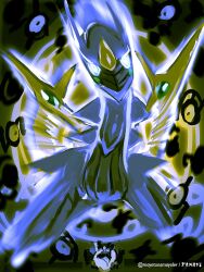  1girl arceus blonde_hair coat cynthia_(pokemon) fur_collar fur_trim glowing glowing_eyes hair_ornament hair_over_one_eye highres long_sleeves mayotsunamayo pokemon pokemon_(creature) pokemon_focus pokemon_hgss ruins unown 