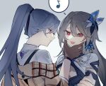  2girls blue_eyes brown_gloves chinese_commentary commentary_request face_grab fu_hua fu_hua_(hawk_of_the_fog) gloves grey_hair hair_ornament haruka_(rsyaooooo) high_ponytail highres honkai_(series) honkai_impact_3rd long_hair looking_to_the_side multiple_girls musical_note open_mouth red_eyes shirt simple_background spoken_musical_note vita_(honkai_impact) white_background white_shirt 