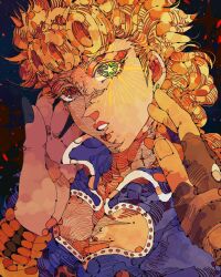  3boys arbitrium black_nails blonde_hair blue_jacket braid brown_gloves clothing_cutout dio_brando earrings father_and_son fingerless_gloves giorno_giovanna gloves green_eyes heterochromia highres jacket jewelry jojo_no_kimyou_na_bouken jonathan_joestar ligne_claire looking_at_viewer male_focus multiple_boys parted_lips party_popper phantom_blood red_eyes scar scar_on_neck solo star-shaped_pupils star_(symbol) stardust_crusaders stud_earrings symbol-shaped_pupils time_paradox upper_body vento_aureo 