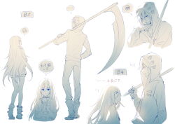  1boy 1girl bandaged_hand bandaged_head bandages height_difference highres holding holding_scythe hood hood_up hoodie isaac_foster jacket long_hair looking_at_another monochrome multiple_views pants rachel_gardner satsuriku_no_tenshi scythe short_hair shorts simple_background speech_bubble tidsean translation_request white_background 