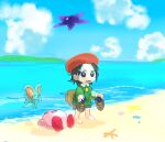  1girl adeleine animal_ears barefoot beach black_hair blue_sky blush_stickers clouds colored_skin commentary_request elfilin kirby kirby_(series) kirby_and_the_forgotten_land lying mouse_ears notched_ear ocean pink_skin portal_(object) rasu_(pixiv9799832) shoes sky standing unworn_shoes wavy_mouth 