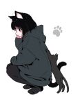 1girl ahoge animal_ear_fluff animal_ears black_cat black_eyes black_hair blush blush_stickers cat cat_ears cat_girl cat_tail from_side grey_hoodie highres hood hoodie megateru nose_blush original oversized_clothes paw_print sleeves_past_wrists smile solo squatting tail 