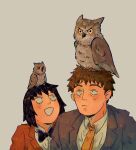  1boy 1girl animal_on_head bird black_hair brown_hair closed_mouth cutystuffy grey_background kurata_tome looking_at_animal mob_psycho_100 necktie on_head open_mouth owl school_uniform serizawa_katsuya short_hair simple_background smile suit upper_body yellow_necktie 