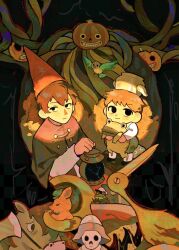  2boys a-kai202 animal anniversary axe beatrice_(over_the_garden_wall) bird black_eyes blue_cape brown_hair cape commentary english_commentary frog frown gregory_(over_the_garden_wall) hat highres holding holding_animal holding_frog holding_lantern kettle lantern multiple_boys over_the_garden_wall pig pumpkin red_hat short_hair skeleton smile triangle_nose wirt_(over_the_garden_wall) 