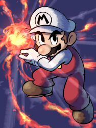  1boy black_eyes boots brown_boots brown_hair facial_hair fire_mario fireball full_body gloves hat highres long_sleeves looking_at_viewer male_focus mario mario_&amp;_luigi_rpg masanori_sato_(style) mustache newsboy_cap overalls powering_up red_overalls shirt short_hair solo super_mario_bros. swirling white_gloves white_hat white_shirt yamari_(ya_mari_6363) 