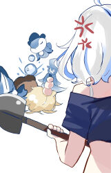  1boy 1girl absurdres aether_(genshin_impact) anger_vein bimmy black_shirt blonde_hair blue_hair furina_(genshin_impact) genshin_impact head_bump highres holding holding_shovel shirt short_hair shovel 
