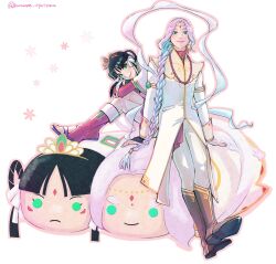  1boy 1girl ace_attorney bindi black_hair boots braid braided_ponytail brown_boots character_doll doll earrings facial_mark full_body gold_armlet green_eyes hair_rings highres jewelry kuranne long_hair nahyuta_sahdmadhi open-toe_boots outline pants phoenix_wright:_ace_attorney_-_spirit_of_justice pink_boots pink_outline purple_hair rayfa_padma_khura'in ribbon robe sash sitting smile stuffed_toy thick_eyebrows tiara twitter_username very_long_hair white_background white_pants white_ribbon white_robe white_sash 