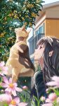  1girl absurdres black_hair black_jacket blurry blurry_foreground building cat closed_mouth day flower gold_osmanthus highres house jacket long_hair michinoku_(hiking_miusan18) original outdoors plant profile purple_hair smile solo 