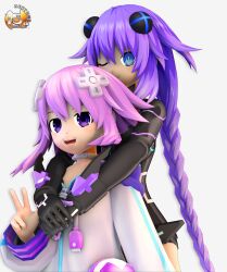  3d absurdres blue_eyes braid choker commentary d-pad d-pad_hair_ornament dual_persona english_commentary gloves hair_ornament highres hood hoodie jewelry leotard long_hair multiple_girls neck_ring neptune_(neptunia) neptune_(series) one_eye_closed open_mouth power_symbol-shaped_pupils purple_hair purple_heart_(neptunia) short_hair sidelocks simple_background smile symbol-shaped_pupils tobojashi usb v violet_eyes white_background white_choker 