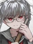  1girl black_shirt braid closed_mouth danganronpa_(series) danganronpa_2:_goodbye_despair expressionless glasses grey_background grey_hair grey_sailor_collar hair_ribbon hands_up holding holding_weapon koma_(uuur66) long_hair pekoyama_peko ribbon sailor_collar semi-rimless_eyewear shirt simple_background solo twin_braids twintails weapon 