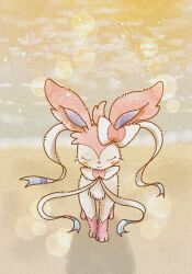 animal_focus baya_(sakura_mint) beach blush bow closed_eyes closed_mouth facing_viewer highres no_humans ocean outdoors pink_fur pokemon pokemon_(creature) pokemon_focus ribbon smile solo sylveon two-tone_fur water white_fur 