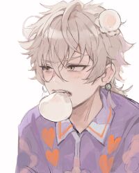  1boy blush collared_shirt ensemble_stars! food_in_mouth hair_between_eyes heart highres ogami_koga pajamas print_pajamas purple_pajamas shirt sleepwear solo yellow_eyes 