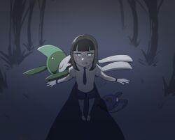  1boy 1girl after_battle ariumu arm_blade behind_another black_hair blue_bag blue_eyes blue_necktie blue_shorts blunt_bangs bracelet clenched_teeth colored_skin crying crying_with_eyes_open drop_shadow facing_another forest gallade green_hair injury jewelry long_bangs looking_up multicolored_skin nature necktie on_grass on_ground outdoors outstretched_arms pokemon pokemon_(creature) pokemon_sv school_uniform shoes shorts simple_background streaming_tears tears teeth tree two-tone_skin uva_academy_school_uniform weapon white_shoes 