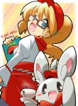  1girl :d aqua_eyes blonde_hair cup hat holding holding_menu juliet_sleeves leah_(pokemon) long_hair long_sleeves menu minccino open_mouth pokemon pokemon_(creature) pokemon_cafe_mix ponytail puffy_sleeves rascal red-framed_eyewear red_headwear red_skirt saucer shirt skirt smile solo tea teacup white_shirt 