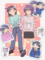  2girls :| anger_vein angry aqua_shirt arms_behind_back black_eyes black_hair black_skirt blazer blue_jacket blue_pants bow chibi clenched_hands closed_mouth clothes_writing commentary_request fujii_ayame furious futsuu_no_keion-bu hatono_chihiro highres hood hoodie jacket leaning_to_the_side middle_finger miniskirt multiple_girls multiple_views neck_ribbon pants pink_bow pink_hoodie pleated_skirt print_shirt purple_hair red_ribbon ribbon scene_reference school_uniform shirt shoes side_ahoge sitesitei skirt small_pupils speech_bubble sweater t-shirt thumbs_down translation_request violet_eyes wolf_cut 